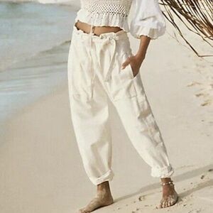 Free People Sky Rider Low-crotch Pants Women Size XS White Cotton Linen Blend